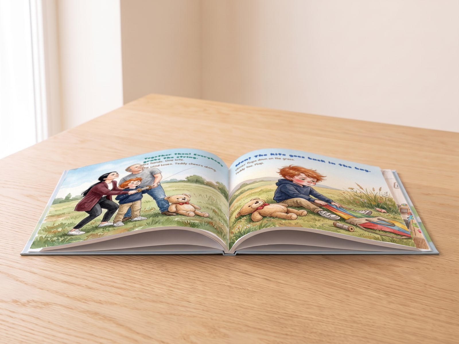 The hardcover picture book open on a table: the pages curve towards the spine