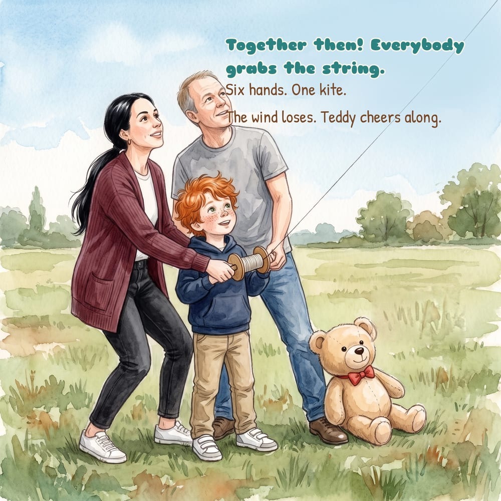 Page 14: mum and dad either side of Oliver, six hands on the kite string
