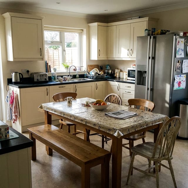 Photo of the kitchen: cream shaker cabinets, black worktop, wooden table with a bench