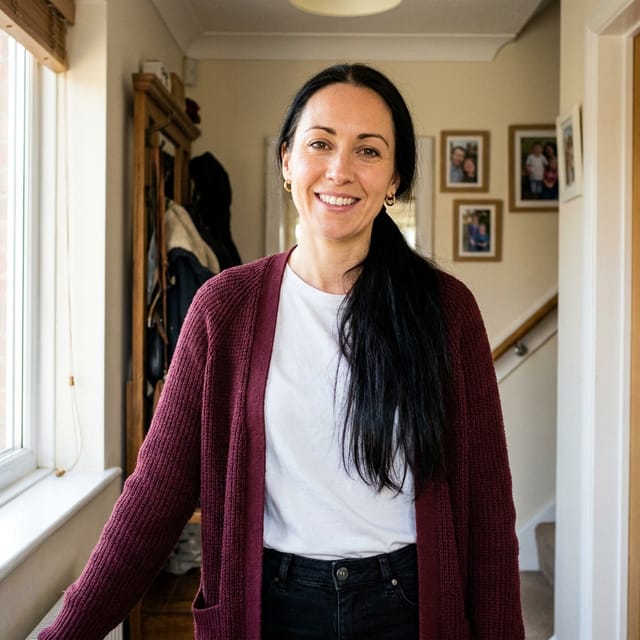 Photo of mum: long black hair in a ponytail, burgundy cardigan