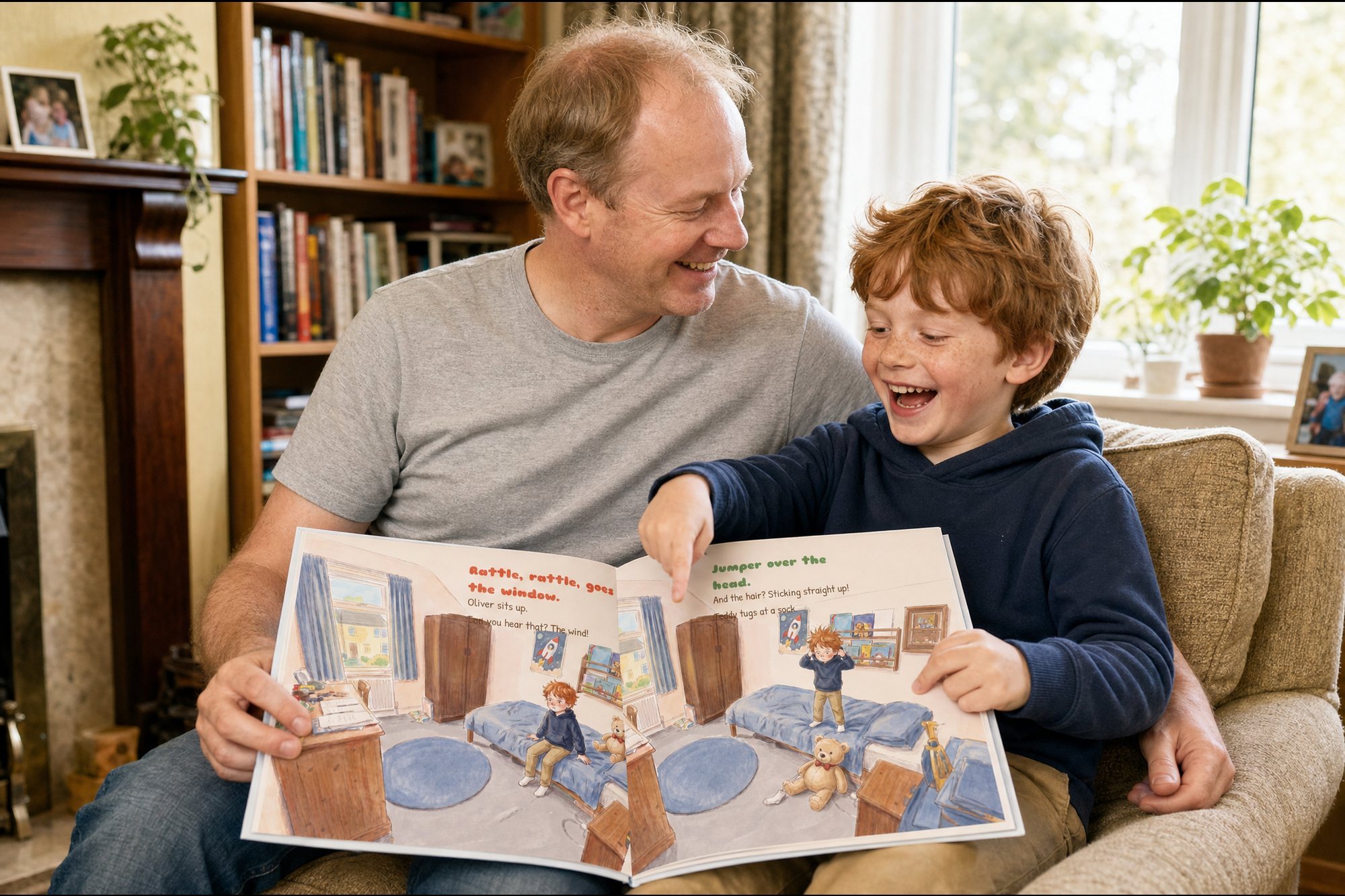 A father and his son on the sofa, both laughing. The open book lies across their laps and the boy points at himself in the story.